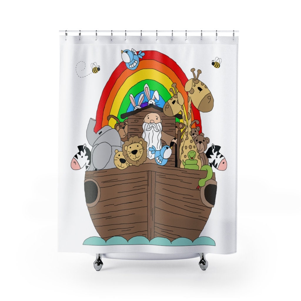 Two By Two, This Noah's Ark Rainbow Animals Shower Curtain Is Perfect For Kids' Bathroom Room Decor