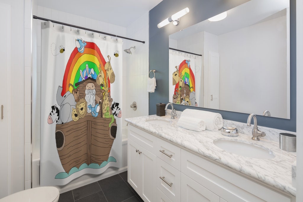 Two By Two, This Noah's Ark Rainbow Animals Shower Curtain Is Perfect For Kids' Bathroom Room Decor