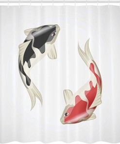 Two Colored Koi Fish Illustration Shower Curtain, Cloth Fabric Bathroom Decor in Pale Grey