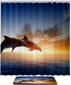 Two Dolphin in Sunset Print Shower Curtain Set with Bathroom Accessories - Modern Waterproof Fabric Bath Curtain 