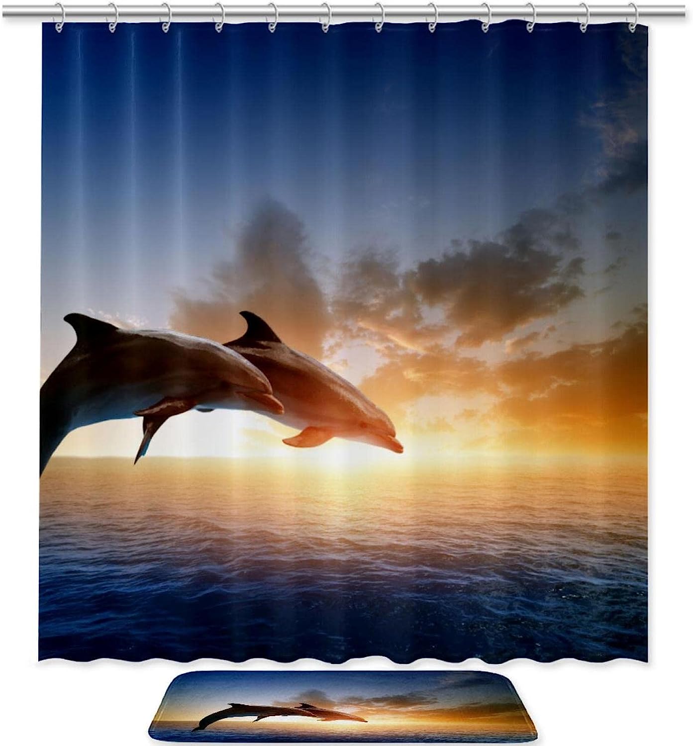 Two Dolphin in Sunset Print Shower Curtain Set with Bathroom Accessories - Modern Waterproof Fabric Bath Curtain
