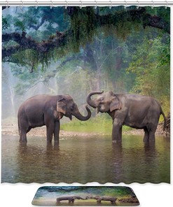 Two Elephants Playing Water Forest Shower Curtain for a Scenic Bathroom