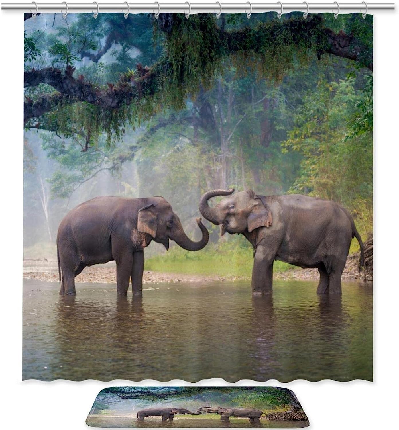 Two Elephants Playing Water Forest Shower Curtain for a Scenic Bathroom