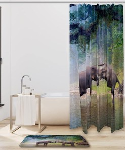 Two Elephants Playing Water Forest Shower Curtain for a Scenic Bathroom