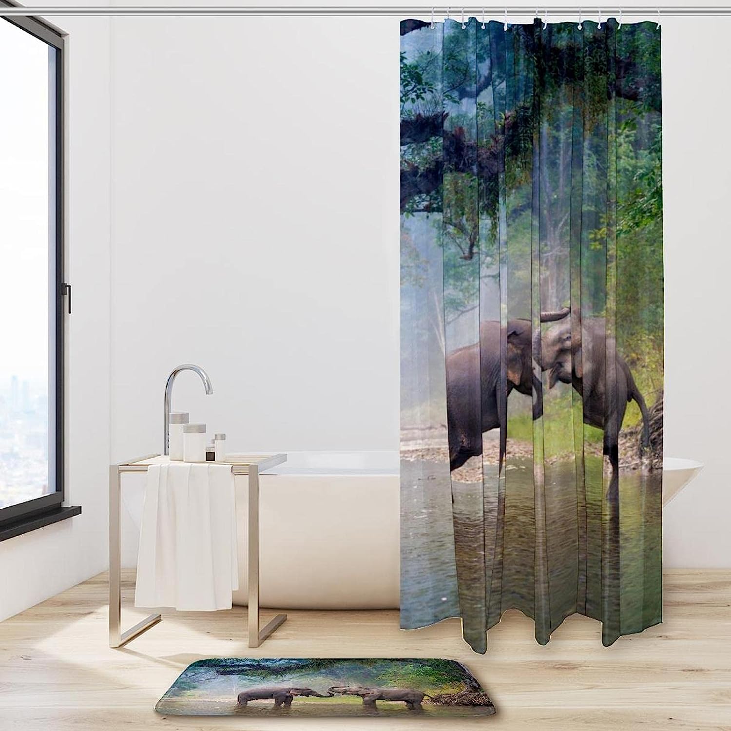 Two Elephants Playing Water Forest Shower Curtain for a Scenic Bathroom