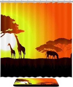 Two Giraffes with Horses Sunset Shower Curtain - Beautiful Bathroom Decor with Animal Print