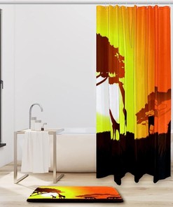 Two Giraffes with Horses Sunset Shower Curtain - Beautiful Bathroom Decor with Animal Print