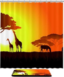 Two Giraffes with Horses Sunset Shower Curtain - Durable and Chic Bathroom Decor with Animal Print Design