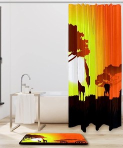 Two Giraffes with Horses Sunset Shower Curtain - Durable and Chic Bathroom Decor with Animal Print Design