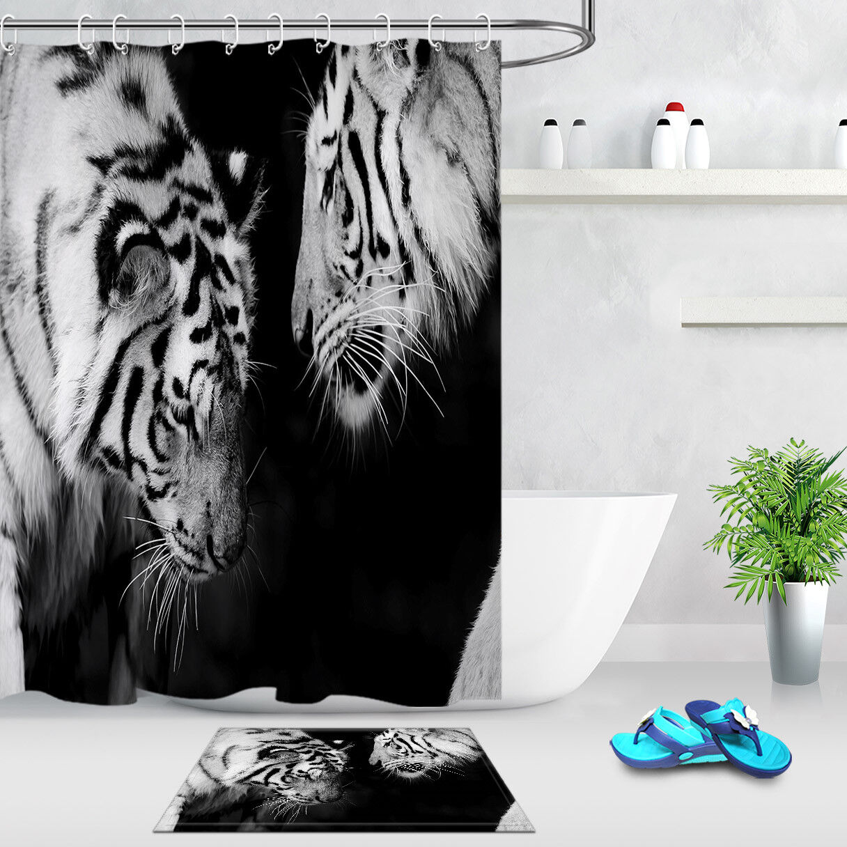 Two White Tigers Fabric Shower Curtain - Waterproof for Bathroom Hooks