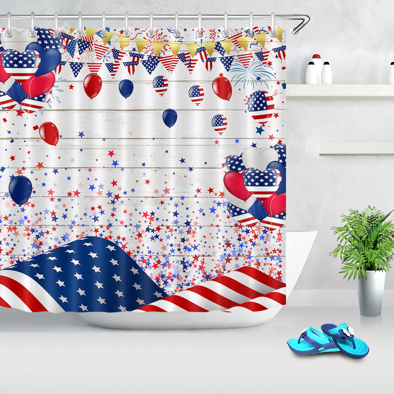 US Flag Balloon Stars Fireworks Shower Curtain for Presidents Day Bathroom Decor