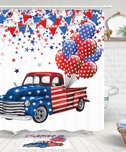 US Flag Independence Day Shower Curtain with Stars Fireworks Design