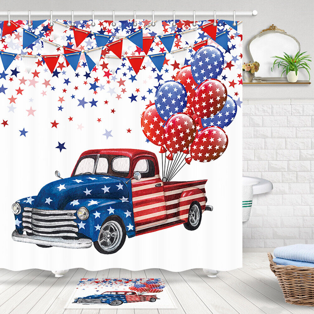 US Flag Independence Day Shower Curtain with Stars Fireworks Design