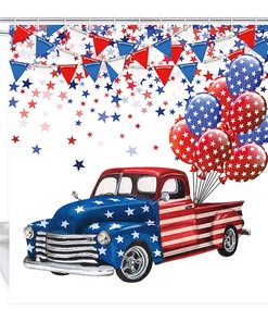 US Flag Independence Day Shower Curtain with Stars Fireworks Design