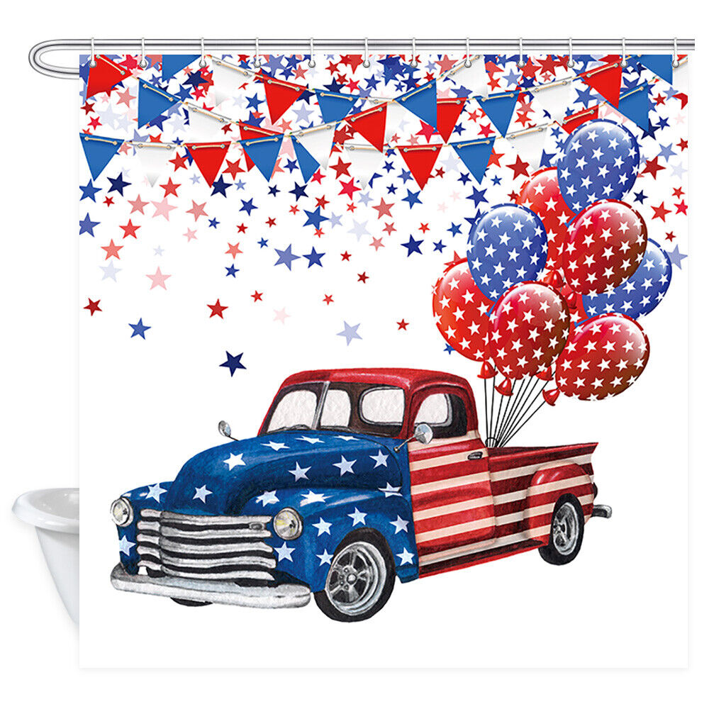 US Flag Independence Day Shower Curtain with Stars Fireworks Design