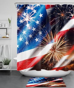 US Flag Shower Curtain with Red, Blue and Star Accents for Independence Day