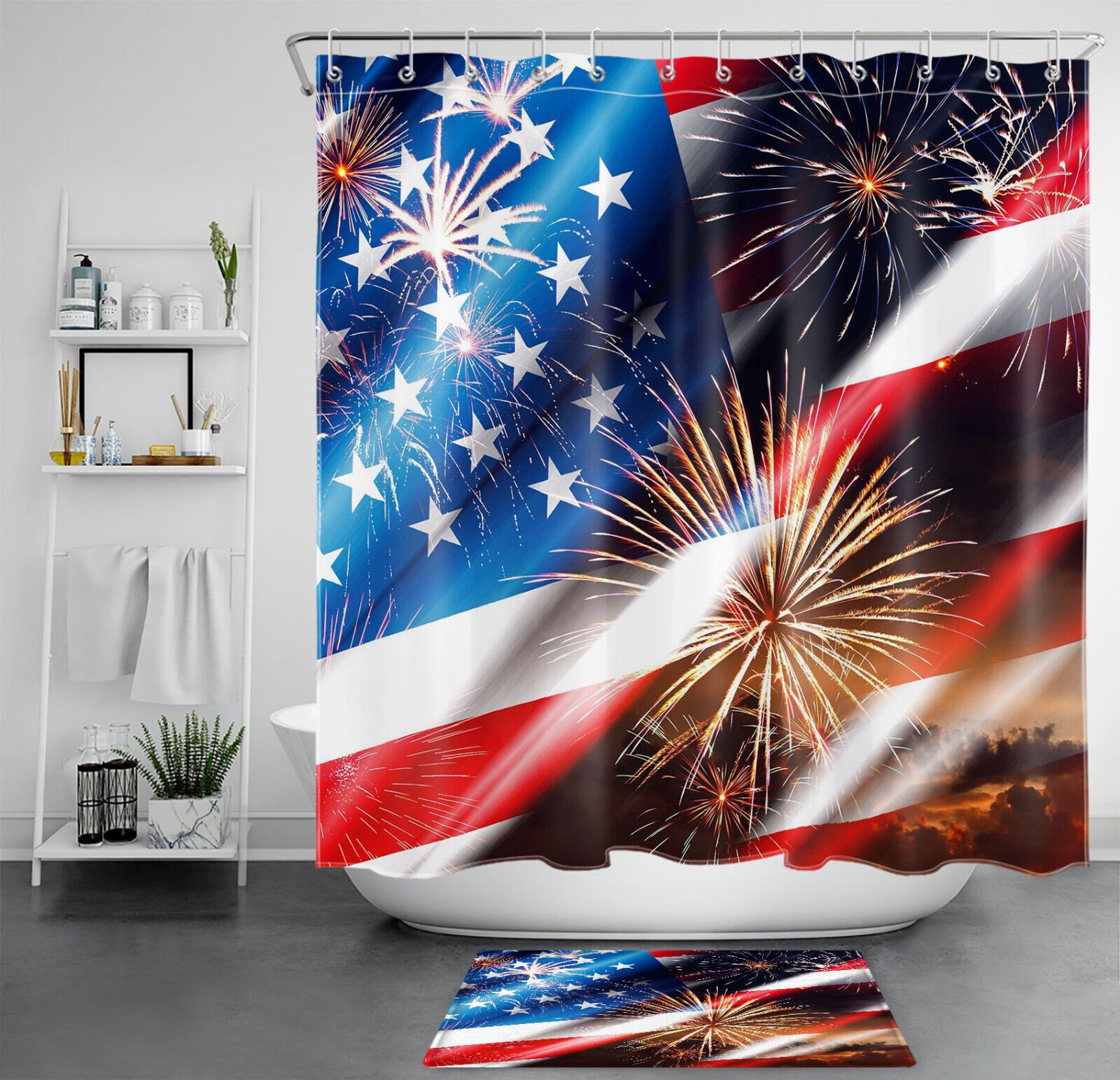 US Flag Shower Curtain with Red, Blue and Star Accents for Independence Day