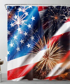 US Flag Shower Curtain with Red, Blue and Star Accents for Independence Day