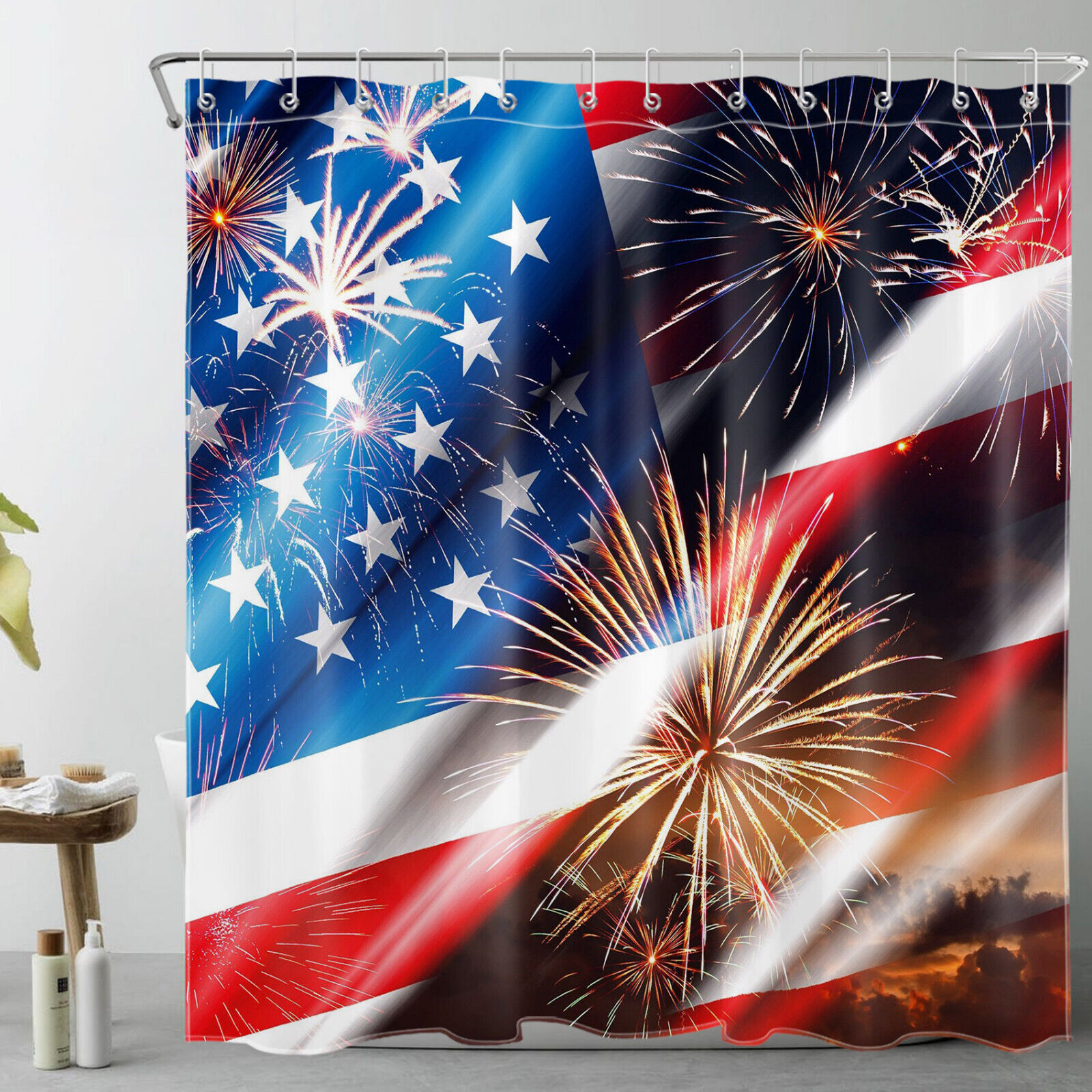 US Flag Shower Curtain with Red, Blue and Star Accents for Independence Day