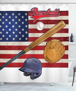 USA Flag & Baseball Image Sports Shower Curtain | Patriotic Bathroom Decor