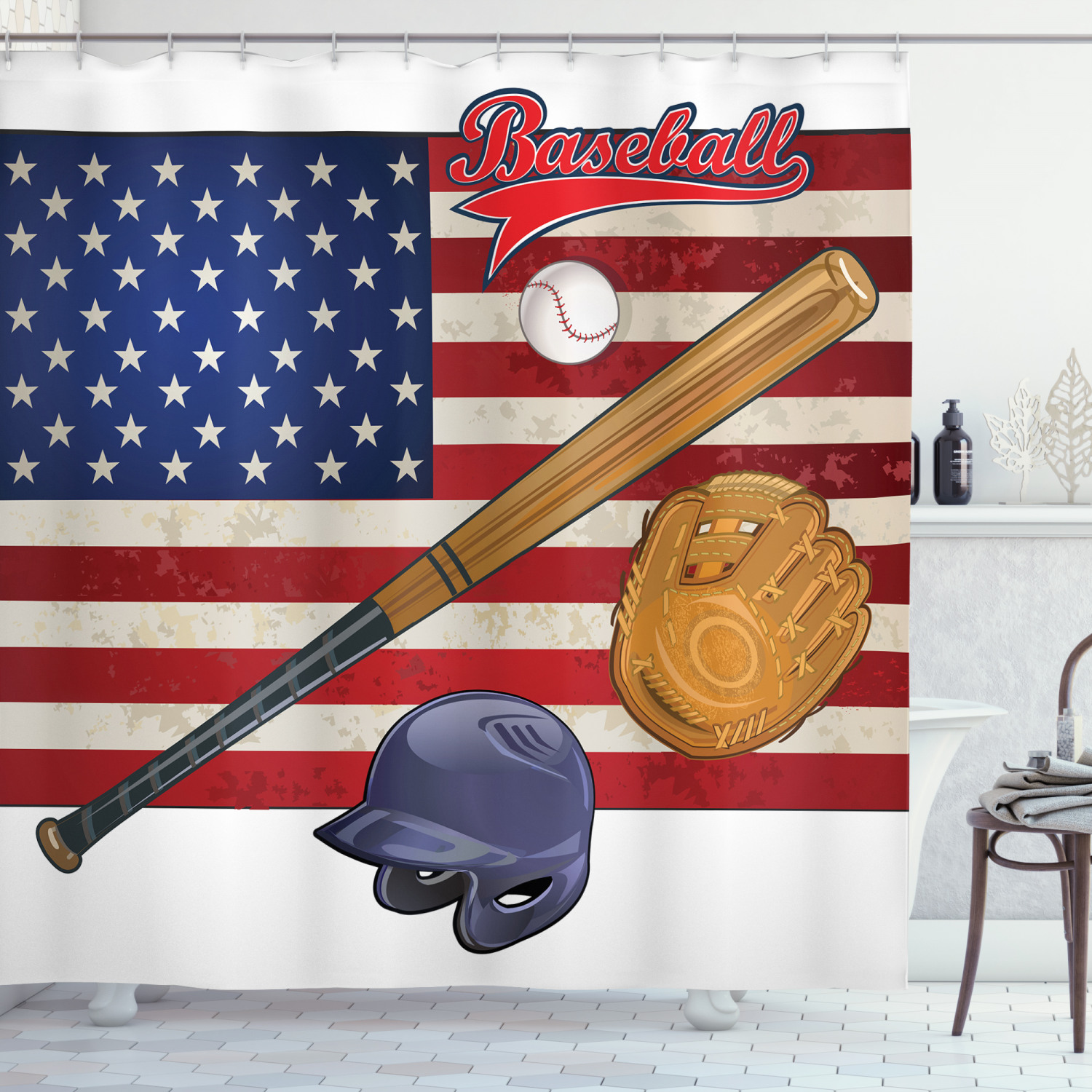 USA Flag & Baseball Image Sports Shower Curtain | Patriotic Bathroom Decor