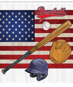 USA Flag & Baseball Image Sports Shower Curtain | Patriotic Bathroom Decor