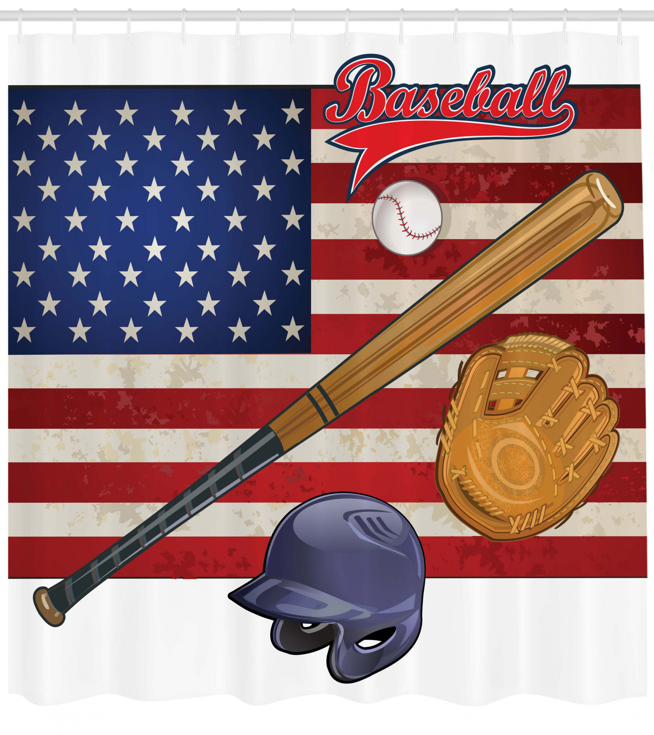 USA Flag & Baseball Image Sports Shower Curtain | Patriotic Bathroom Decor