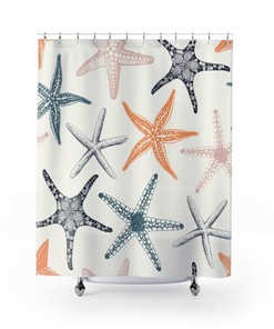 Under the Sea Nautical Bathroom Decor with Starfish Coral Shower Curtain