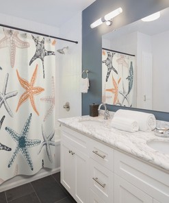 Under the Sea Nautical Bathroom Decor with Starfish Coral Shower Curtain