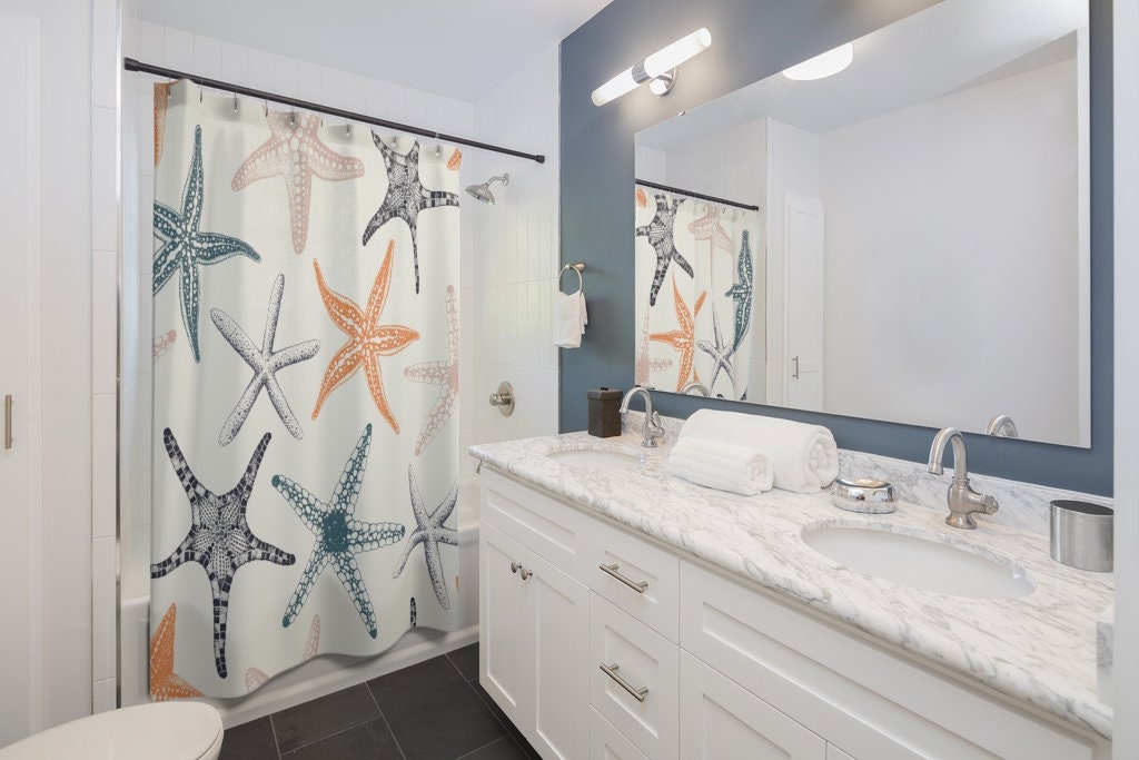 Under the Sea Nautical Bathroom Decor with Starfish Coral Shower Curtain