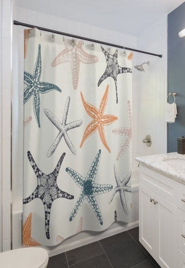 Under the Sea Nautical Bathroom Decor with Starfish Coral Shower Curtain