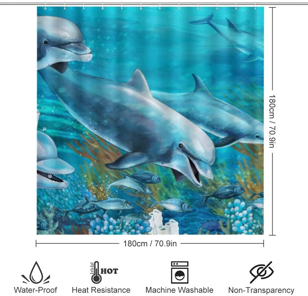 Undersea Dolphin Adventure Shower Curtain, Waterproof Bathroom Decor by Vantaso