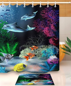Undersea Dolphins And Plants Waterproof Fabric Shower Curtain Set