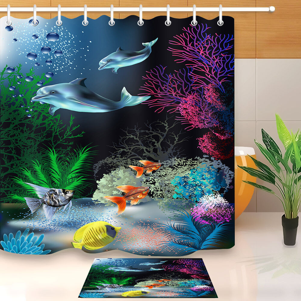 Undersea Dolphins And Plants Waterproof Fabric Shower Curtain Set