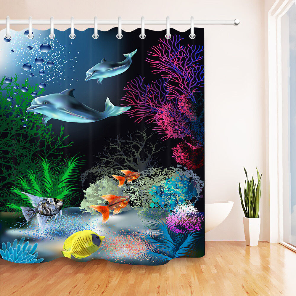 Undersea Dolphins And Plants Waterproof Fabric Shower Curtain Set - Image 2