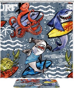 Underwater Adventure Shower Curtain - Waterproof Fabric with Inviting Shark and Octopus Print