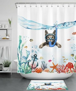 Underwater Anchor With Funny Diving Cat Shower Curtain - Humorous And Fun Animal For Bathroom Decor