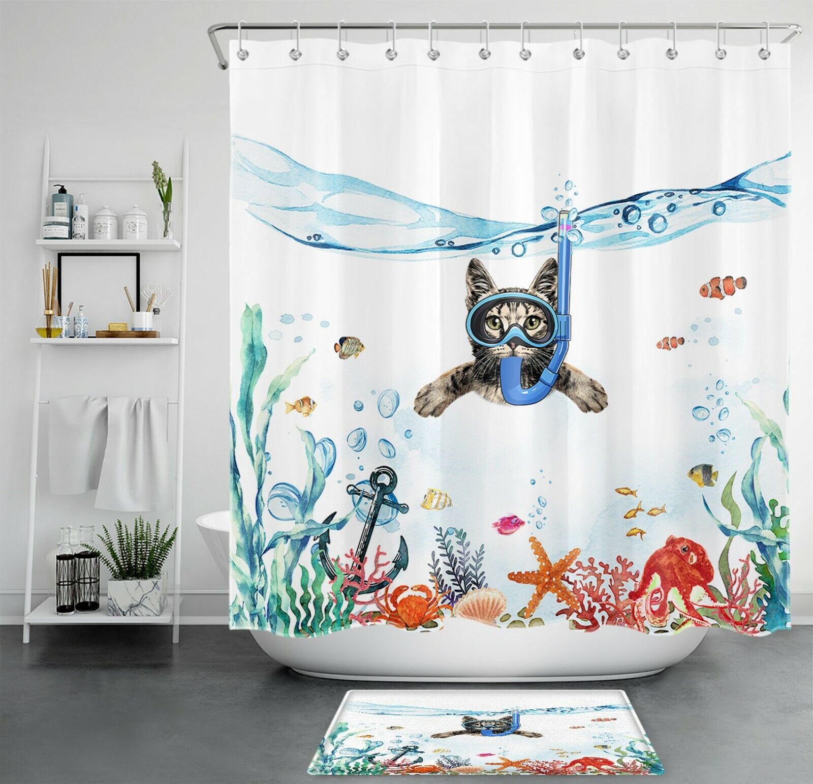 Underwater Anchor With Funny Diving Cat Shower Curtain - Humorous And Fun Animal For Bathroom Decor