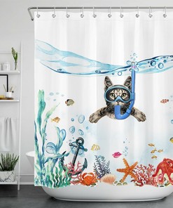 Underwater Anchor With Funny Diving Cat Shower Curtain - Humorous And Fun Animal For Bathroom Decor