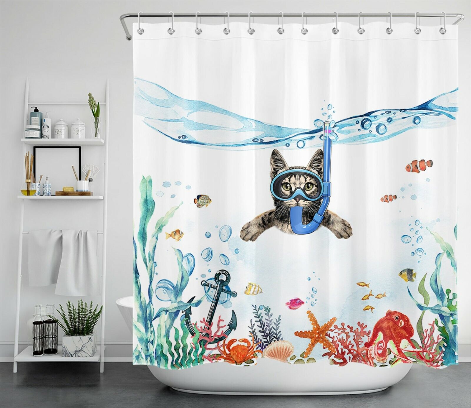 Underwater Anchor With Funny Diving Cat Shower Curtain - Humorous And Fun Animal For Bathroom Decor