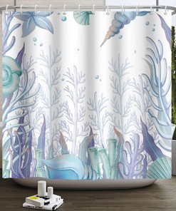 Underwater Beach Shower Curtain, Watercolor Decorative Fabric Curtain for a Coast-Themed Bathroom 