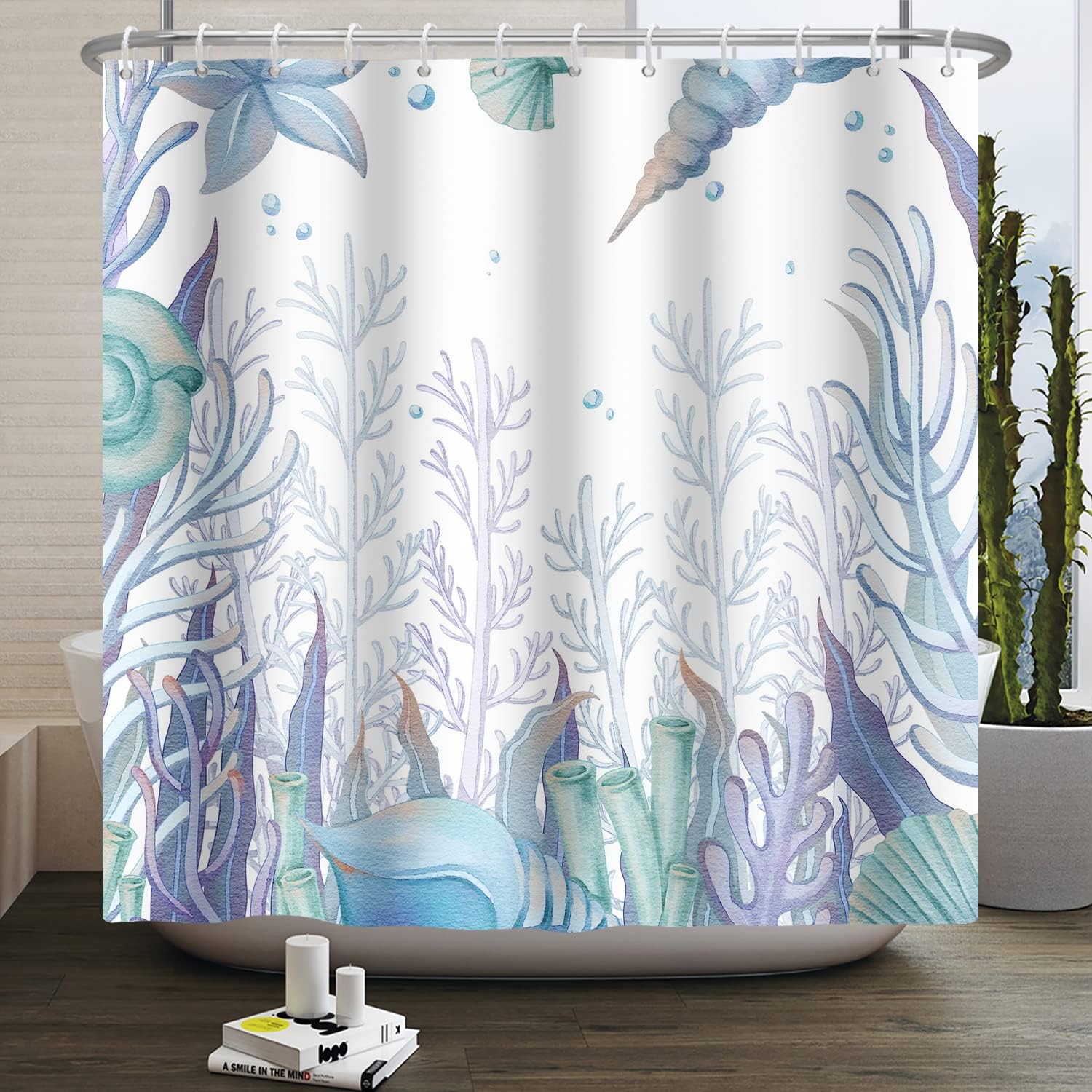 Underwater Beach Shower Curtain, Watercolor Decorative Fabric Curtain for a Coast-Themed Bathroom