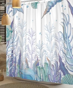 Underwater Beach Shower Curtain, Watercolor Decorative Fabric Curtain for a Coast-Themed Bathroom