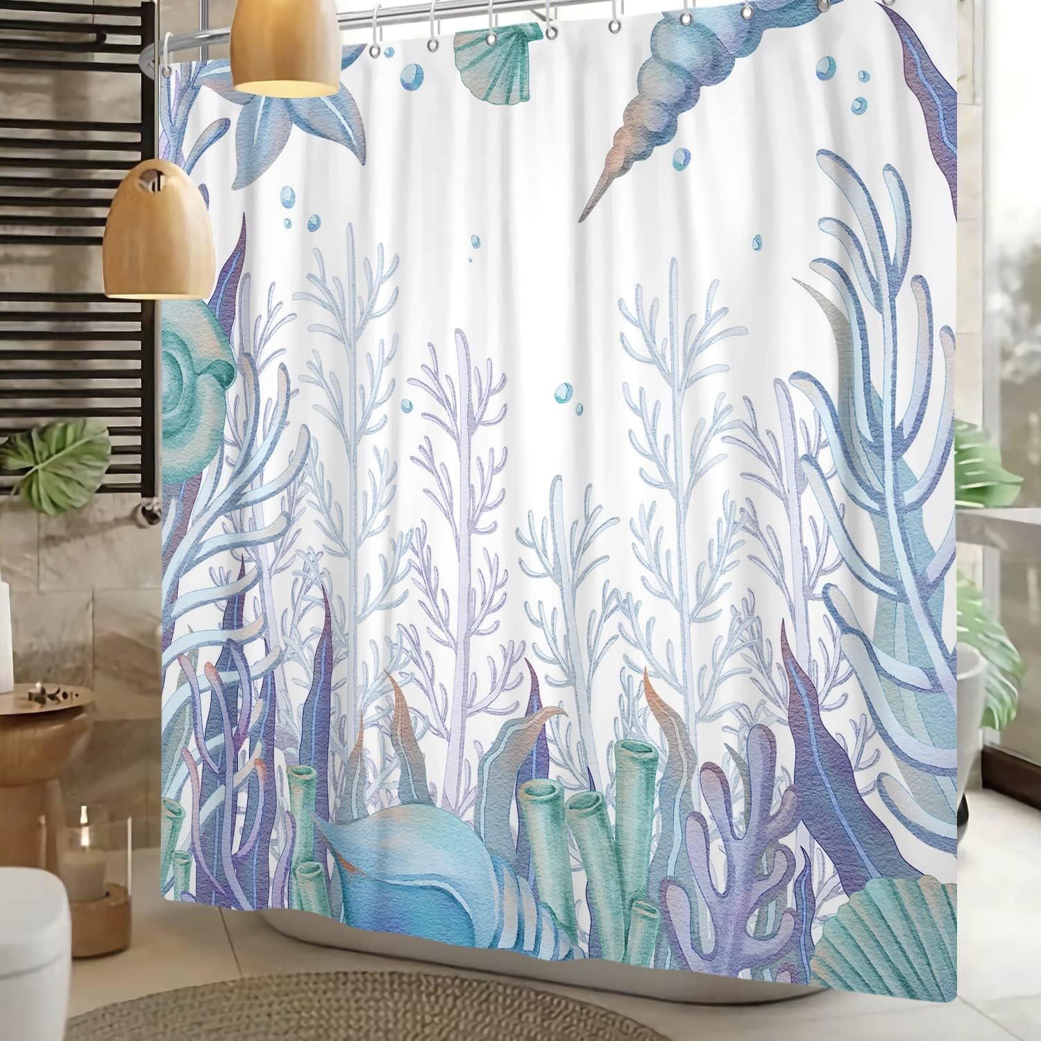 Underwater Beach Shower Curtain, Watercolor Decorative Fabric Curtain for a Coast-Themed Bathroom