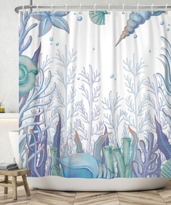 Underwater Beach Shower Curtain, Watercolor Decorative Fabric Curtain for a Coast-Themed Bathroom