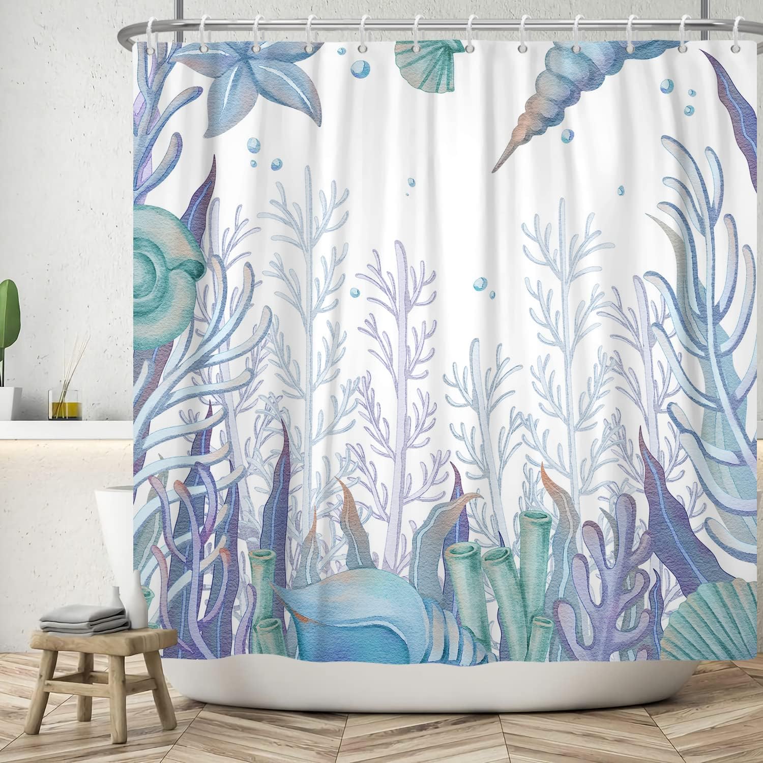 Underwater Beach Shower Curtain, Watercolor Decorative Fabric Curtain for a Coast-Themed Bathroom