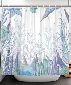 Underwater Beach Shower Curtain, Watercolor Decorative Fabric Curtain for a Coast-Themed Bathroom
