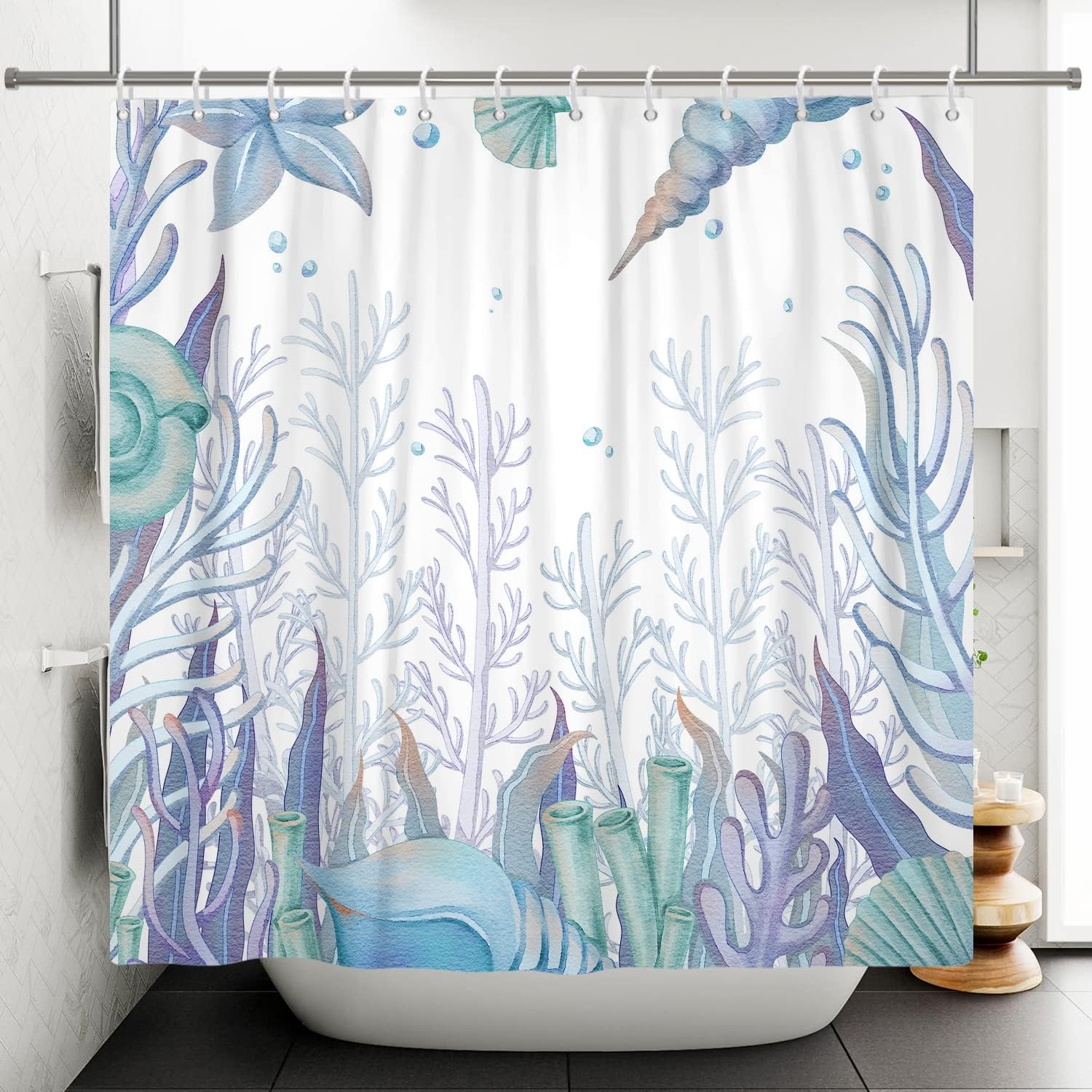 Underwater Beach Shower Curtain, Watercolor Decorative Fabric Curtain for a Coast-Themed Bathroom
