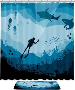 Underwater Blue Sharks Print Shower Curtain For Showers, Stalls, And Bathtubs