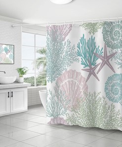 Underwater Coral Shower Curtain, Nautical Ocean Theme with Starfish and Seashell Decors 